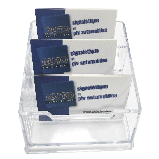 Présentoir de carte de visite 3 bacs ASK054 de face avec cartes